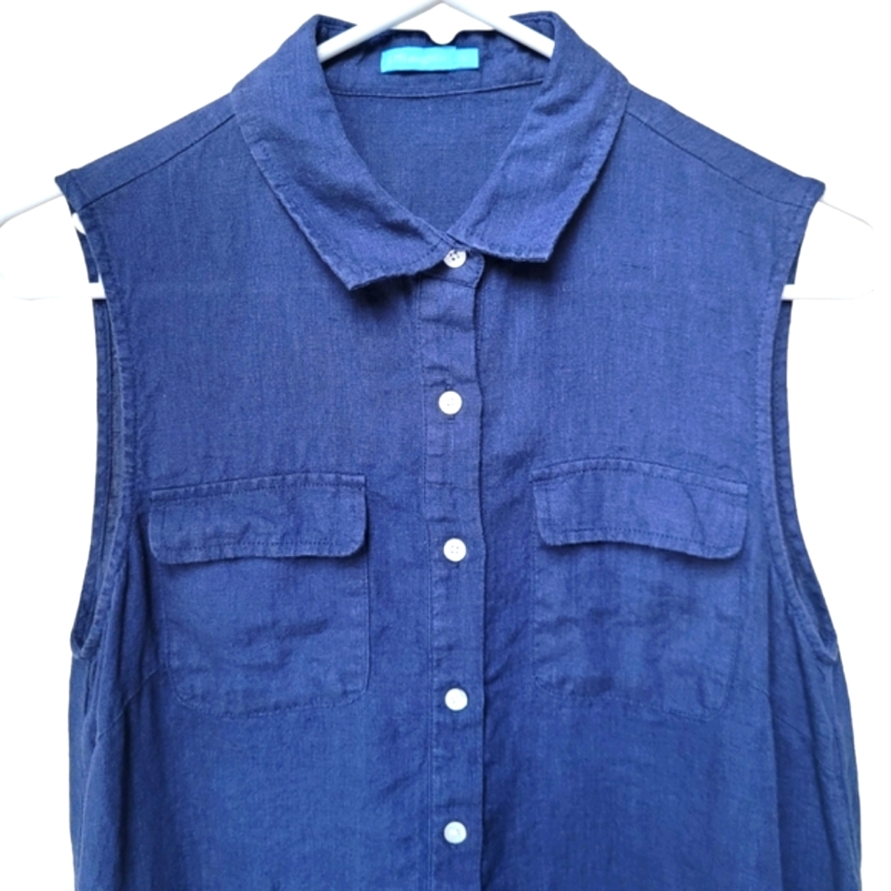 J.McLaughlin 100% Linen Sleeveless Shirt Dress Blue Pockets Size S - Picture 4 of 16